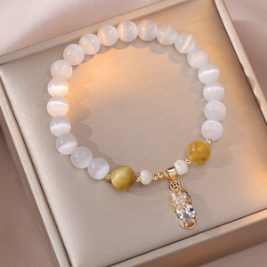 Beaded Bracelet White Cat's Eye Stone With Golden Pixiu Pendant Zircon Rhinestone Retro Ethnic Style Women Jewelry
