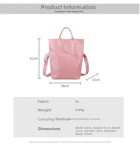 Pink PU leather tote bag details with dimensions 38x41x12cm and adjustable strap