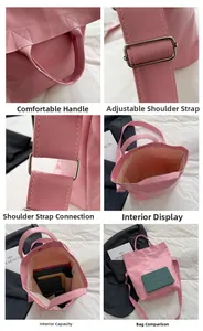 Detail view of pink PU leather tote bag with adjustable strap and spacious interior