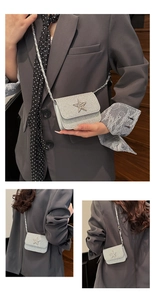 Macro view of silver sequin texture and rhinestone star charm on a mini chain bag