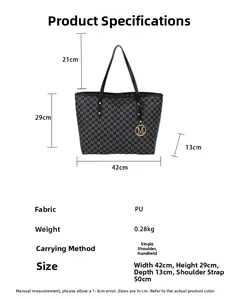 Detailed size specifications for a large black PU tote bag with letter print pattern