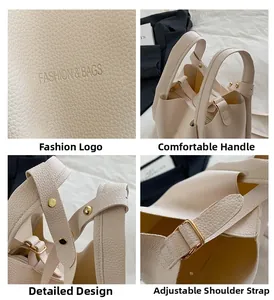 Detailed views of lychee texture leather, fashion logo, and adjustable gold hardware