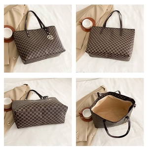 Macro views showing large printed tote bag interior, logo charm and texture detail