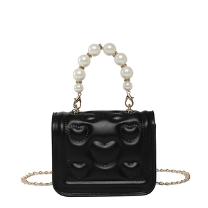 Chic black mini square bag with heart quilting and elegant pearl bead top handle