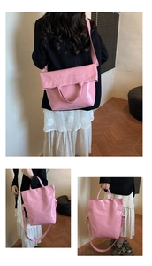 Detail of pink soft leather tote bag showing crossbody and shoulder conversion