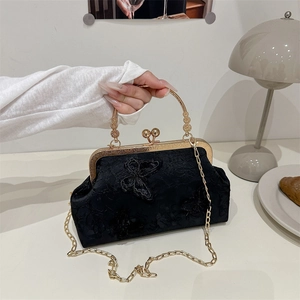 Vintage Butterfly Embroidery Lace Evening Bag For Women Retro Chinese Style Kiss Lock Handbag With Metal Chain Shoulder Strap