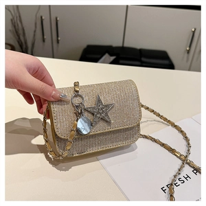 Dettaglio borsa di paillettes color champagne con ciondolo a stella e tracolla