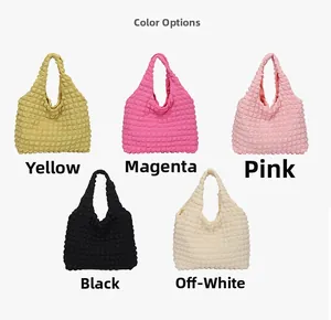 Detailed grid of puffy tote bags showing bubble texture in five various vibrant colors