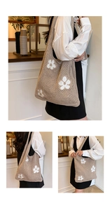 Detail of hollow knit tote bag featuring white floral patterns and beige woven texture