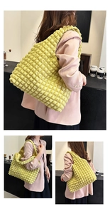 Detailed views of bright yellow puffy quilted tote bag showing soft bubble texture on fabric