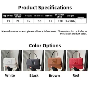 Detailed size chart and dimensions for the minimalist PU leather square handbag with logo