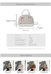 Detailed size chart and multi-color view of stylish shell bags in PU grid texture