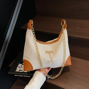 Woven Canvas Underarm Bag With Leather Trim Golden Chain Strap And Deer Pendant Retro Fashion Shoulder Bag For Women