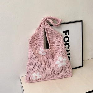 Knit Shoulder Bag Hollow Out Crochet Tote Bag Large Capacity Floral Print Woolen Handbag Vintage Casual For Women