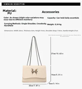 Detailed cream PU leather crossbody bag dimensions with silver butterfly and chain strap