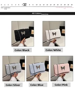 Detail view of five colors of butterfly chain shoulder bags with metallic finish