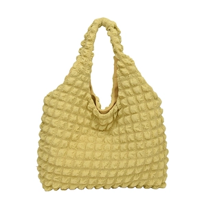 Pale yellow popcorn texture tote bag with pleated bubble design and large capacity