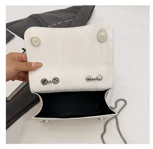 Detail of white wrinkled leather handbag interior with magnetic closure and silver chain