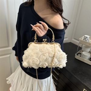 Elegant white 3D rose flower handbag with gold metal handle and chain strap for women