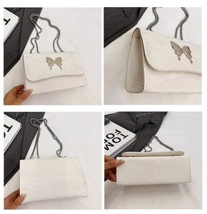 Multi-angle views of white butterfly buckle shoulder bag with silver chain strap and texture