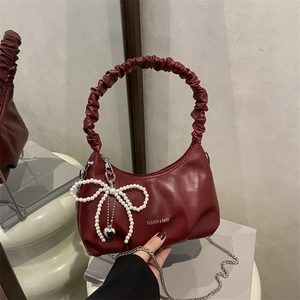 Women Underarm Bag PU Leather Ruched Handle Artificial Pearl Bow Charm Metal Chain Strap Fashion Shoulder Handbag Commuting