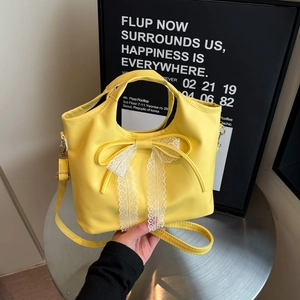 Bolso Tote de Cuero PU Dulce para Mujer Con Decoración de Lazo de Encaje Blanco Estilo Coreano Bolso de Hombro Bandolera Diario