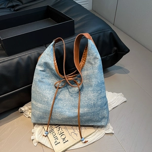 Borsa Tote Sottobraccio in Denim con Fiocco di Grande Capacità Donna Estate Casual Borsa a Spalla con Perline Moda Pendolare