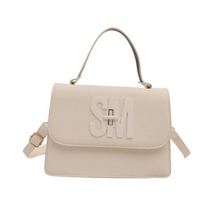 Minimalist white leather crossbody handbag with textured finish and SM metal buckle