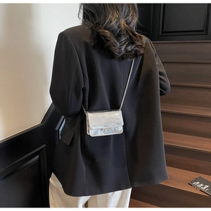 Back view of a silver crocodile pattern mini crossbody bag with metal chain strap