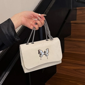 Women PU Leather Crossbody Bag With Liquid Metal Butterfly Buckle Pleated Texture Fashion Trendy Shoulder Bag Chain Strap