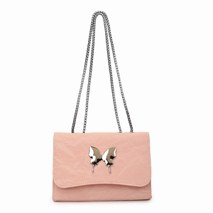 Pink pleated crossbody bag with silver fluid butterfly ornament and metal chain strap