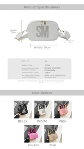 Detailed size specifications and material chart for the SM letter crossbody camera bag