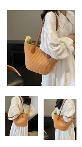 Détails du tissage du sac cabas kaki avec des bandoulières en cuir marron premium