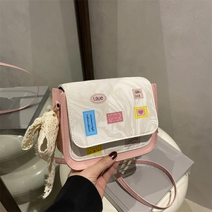 Women Fashion PU Leather Small Square Crossbody Bag Marble Cartoon Patch Shoulder Bag Sweet Girl Purse With Plush Pendant