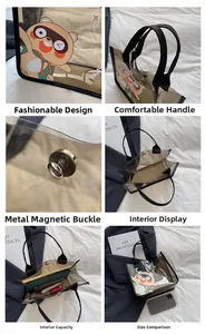 Détail du sac cabas en PVC marron transparent avec imprimé cartoon et fermoir magnétique