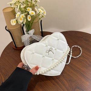 Women Heart Shaped Crossbody Bag PU Leather Quilted Rhombus Artificial Pearl Bow Chain Shoulder Bag For Daily Party Lolita Style