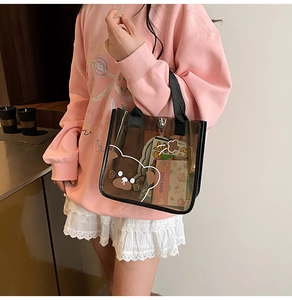 Détail du sac cabas en PVC marron transparent avec imprimé ours et sangle noire
