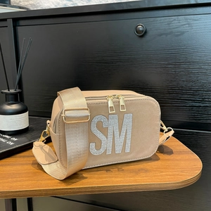 Rhinestone Letter Crossbody Camera Bag For Women Trendy PU Leather Wide Shoulder Strap Square Shoulder Bag