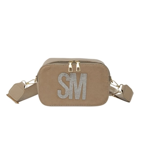 Khaki square crossbody camera bag with sparkling SM crystal initials and wide strap