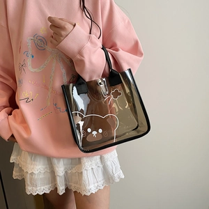 Borsa tote trasparente in PVC marrone con stampa di orsetto e manici neri resistenti