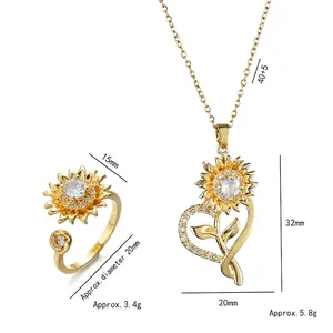 Golden sunflower heart pendant necklace and adjustable ring set with white zircons