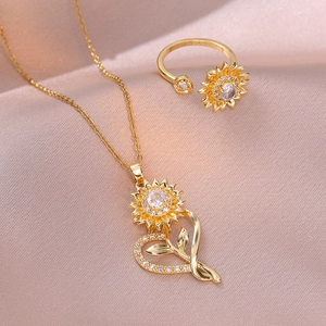 Rotating Sunflower Heart Necklace And Ring Titanium Steel Zircon Micro Pave Clavicle Chain For Women Elegant Jewelry