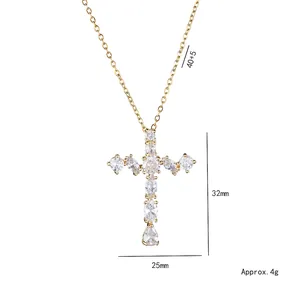Goldene Kreuzkette mit Wassertropfen-Zirkonia und 40+5 cm Kette für Damen