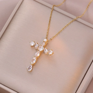 Damen Kreuz Anhänger Halskette Titanstahl Zirkon Eingelegt Elegant Vintage Trendy Schick Schmuck Geschenk