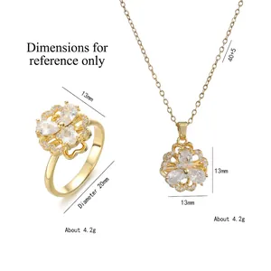 Schmuckset Goldene Blume mit Halskette und Ring mit weißem Zirkon aus Edelstahl-Design