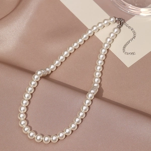 Elegant single strand white pearl necklace for women with silver adjustable metal chain