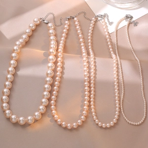 Elegant Champagne Pink Round Artificial Pearl Crystal Necklace Stainless Steel Clasp Adjustable Extension Chain French Style For Women