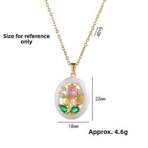 Elegant gold tulip pendant necklace with pink zircon gemstone and white enamel frame