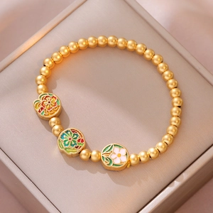Braccialetto a Perline con Fiore di Loto in Stile Cinese Vintage Rame Placcato Oro Opaco Ciondoli in Smalto Cloisonne per Donna Gioielli Eleganti