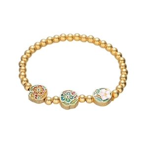Bracciale vintage di perline dorate con ciondoli a fiori di loto colorati per donna